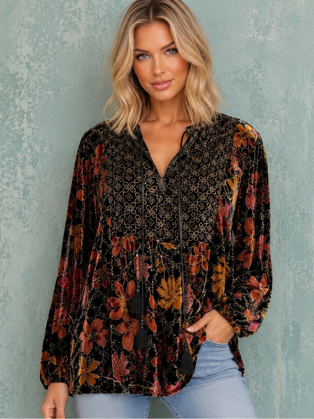 Johnny Was “Jasmoon” Flore Velvet Blouse NWT